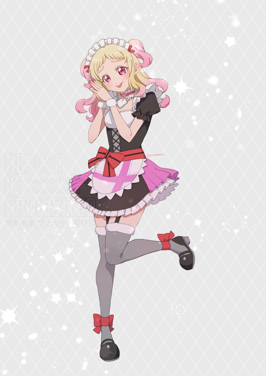 1girl, :p, apron, argyle_background, black_boots, black_dress, blonde_hair, blush