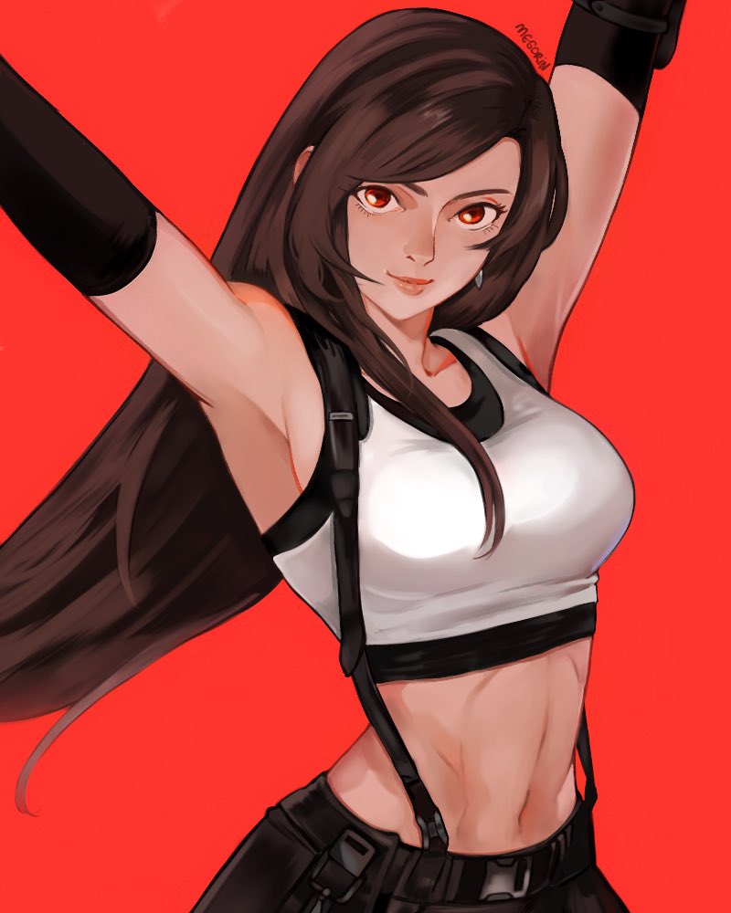 1girl, armpits, arms_up, artist_name, bare_shoulders, black_gloves, black_hair, black_skirt, black_sports_bra, breasts, brown_hair, closed_mouth, collarbone, commentary, crop_top, earrings, elbow_gloves, english_commentary, final_fantasy, final_fantasy_vii, final_fantasy_vii_rebirth, final_fantasy_vii_remake, gloves, jewelry, lips, long_hair, looking_at_viewer, medium_breasts, megorin01, midriff, navel, pink_lips, red_background, red_eyes, single_earring, single_sidelock, skirt, solo, sports_bra, suspender_skirt, suspenders, swept_bangs, tank_top, tifa_lockhart, upper_body, white_tank_top