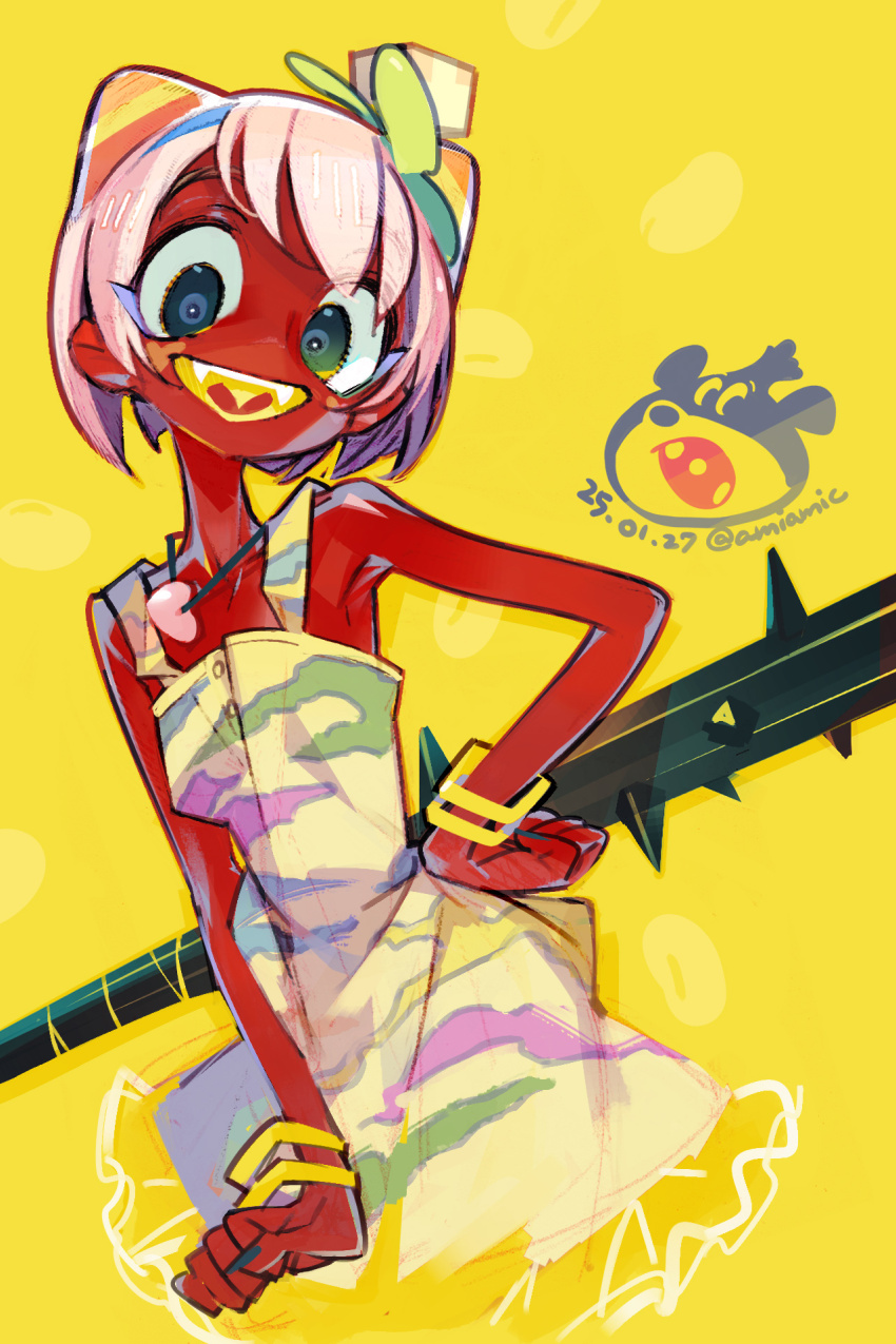 1girl, amiami, bare_shoulders, bracelet, club, club_(weapon), colored_skin, colored_tongue