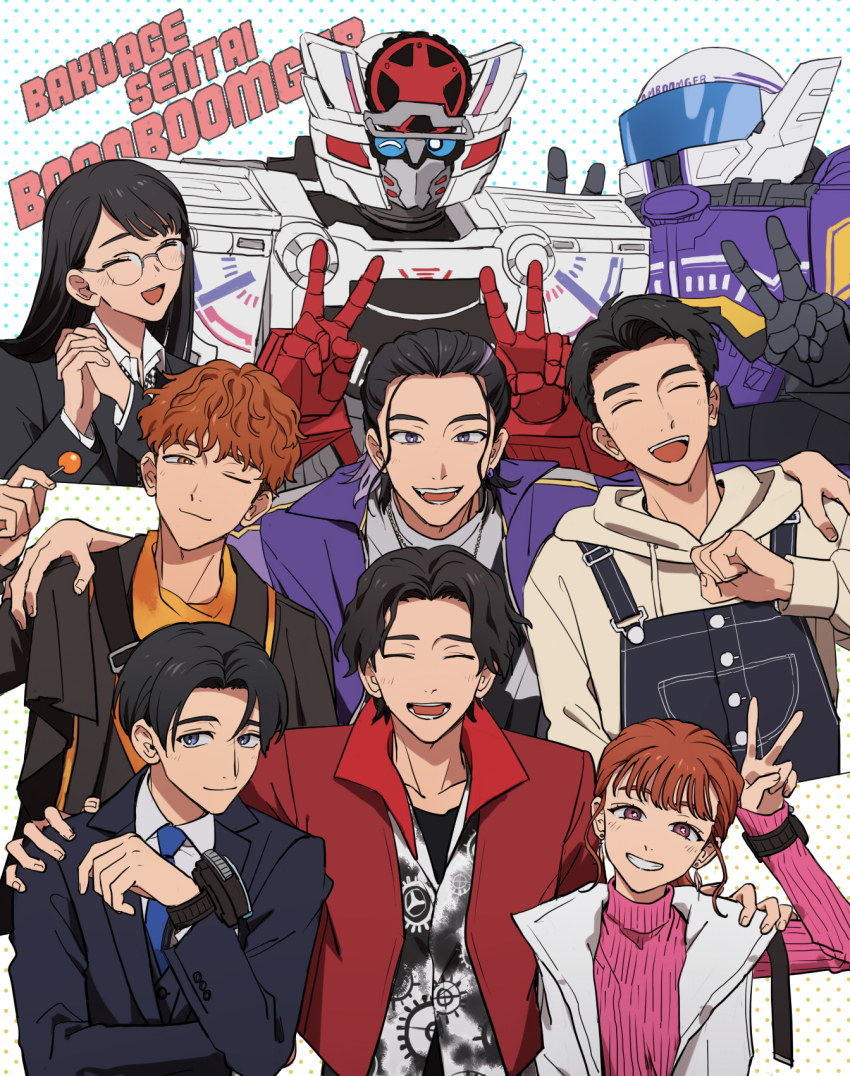 2girls, 6+boys, akuse_jou, azkn, bakuage_sentai_boonboomger, black_eyes, black_hair, black_jacket