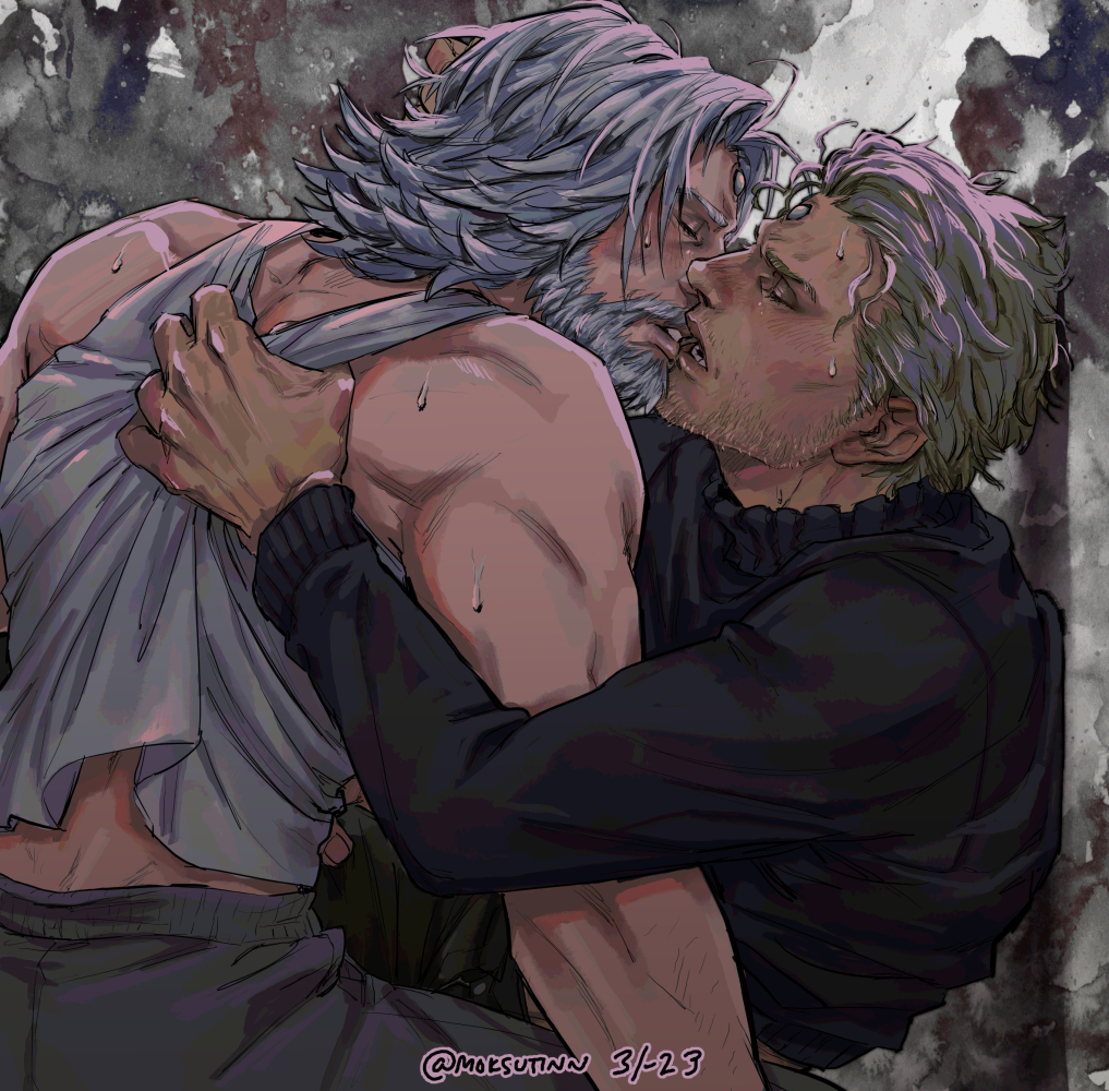 2boys, bara, beard, beard_stubble, blush, cid_nan_garlond, clothes_tug, couple