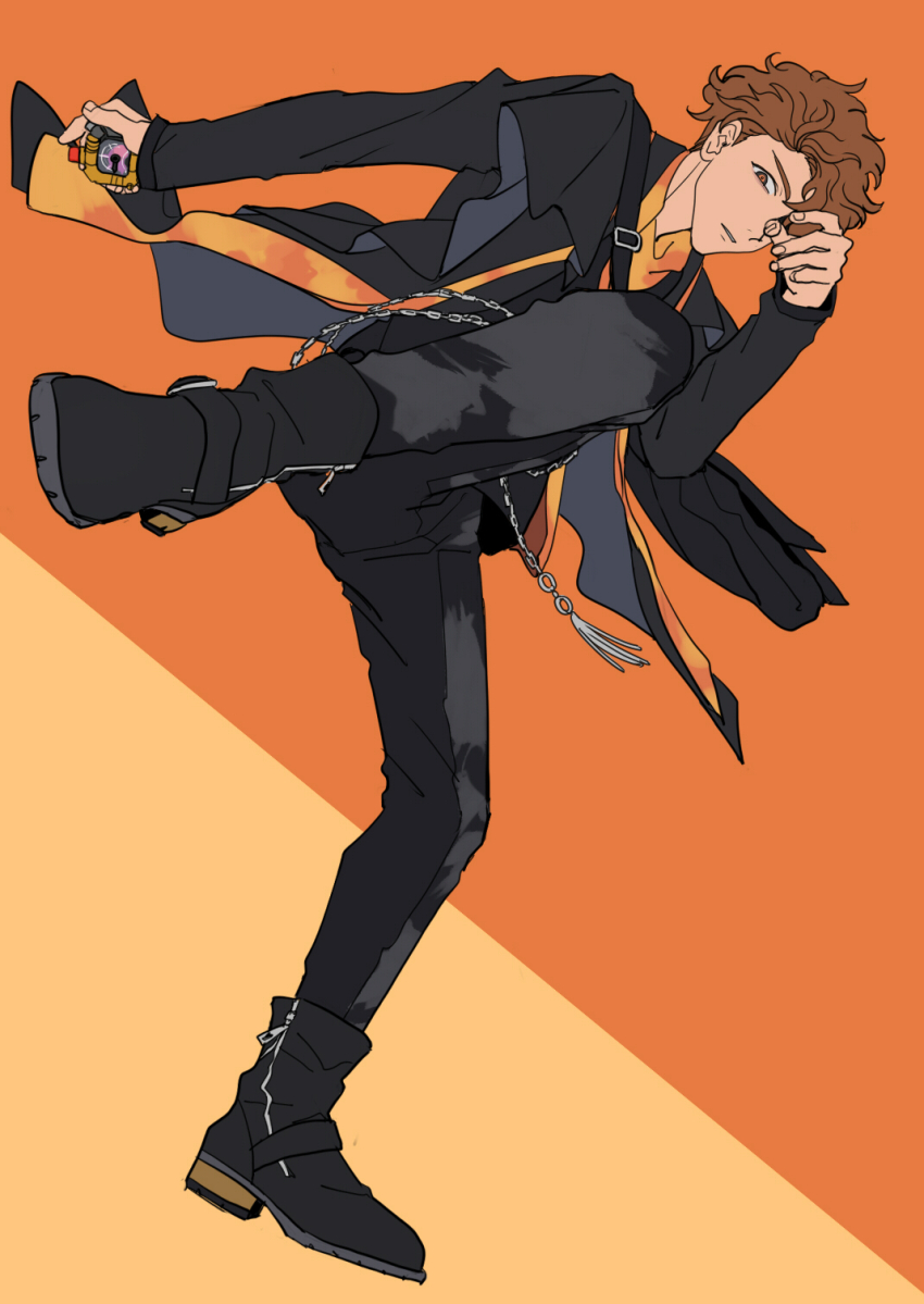 1boy, azkn, bakuage_sentai_boonboomger, black_boots, black_coat, black_pants, boonboom_change_axe, boots