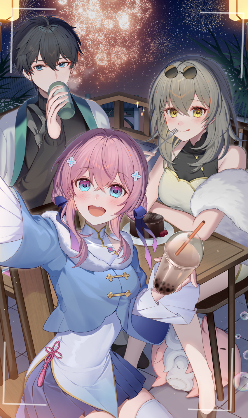 1boy, 2girls, absurdres, alternate_costume, blue_eyes, blue_jacket, blue_skirt, breasts