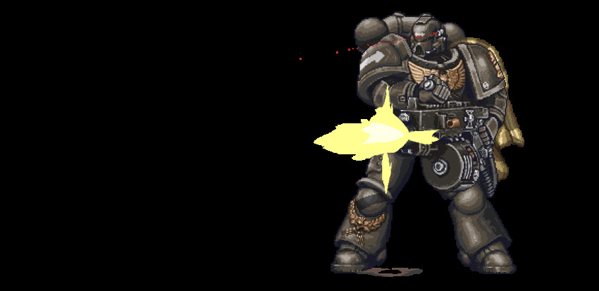 1boy, adeptus_astartes, animated, animated_gif, armor, astartes_(web_animation), bolter, cape, gatling_gun, glowing_gun_barrel, helmet, laser_sight, minigun, pixel_art, power_armor, retributor_(warhammer_40k), shell_casing, simple_background, solo, sprite, steel_joe, warhammer_40k, weapon