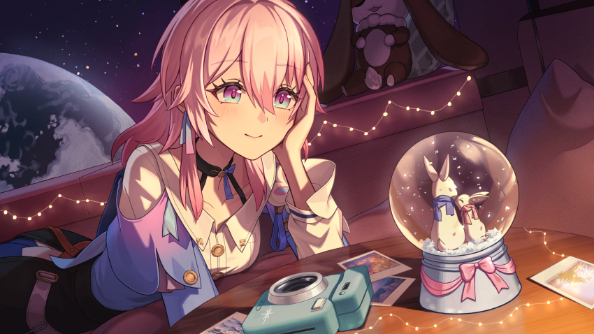 1girl, black_overskirt, blue_eyes, blue_jacket, blue_skirt, blush, breasts, buttons