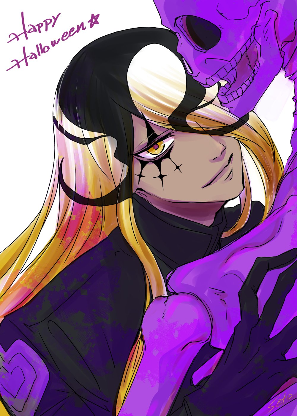 1boy, badge, black_coat, black_gloves, black_hair, blonde_hair, bone, coat