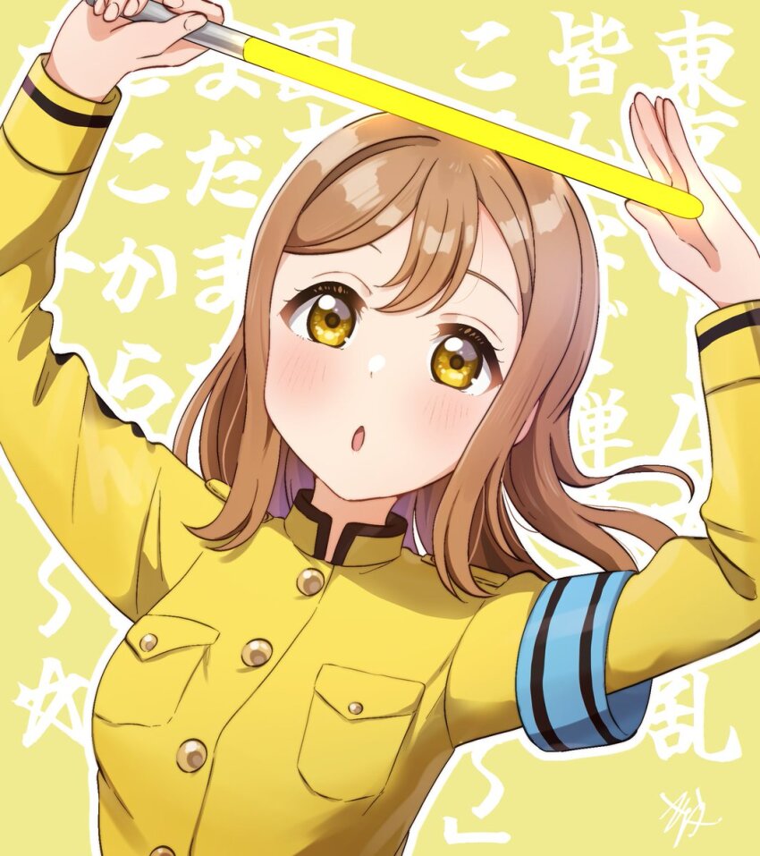 1girl, :o, armband, arms_up, blue_armband, blush, breast_pocket, breasts, brown_hair, coat_dress, commentary, dress, glowstick, highres, holding, holding_glowstick, ijigen_fes_idolmaster_love_live!_utagassen, kunikida_hanamaru, kyaku_tasu, long_hair, long_sleeves, looking_at_viewer, love_live!, love_live!_nijigasaki_high_school_idol_club, love_live!_sunshine!!, medium_breasts, open_mouth, outline, penlight_(glowstick), pleated_dress, pocket, ryouran!_victory_road_(love_live!), sidelocks, signature, solo, text_background, translation_request, upper_body, white_outline, yellow_background, yellow_dress, yellow_eyes