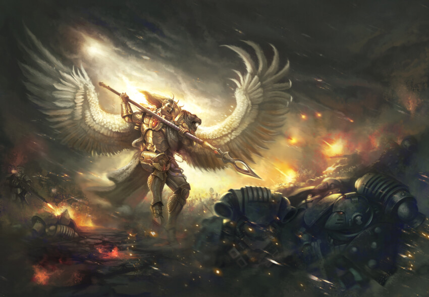 1boy, absurdres, adeptus_astartes, angel_wings, armor, blonde_hair, blood_angels, breastplate
