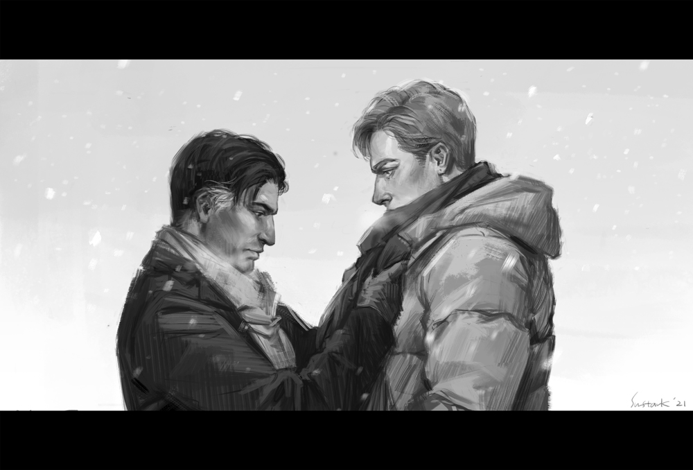 2boys, adjusting_another's_clothes, aquiline_nose, arms_up, artist_name, commentary, dated, doc_(rainbow_six_siege)