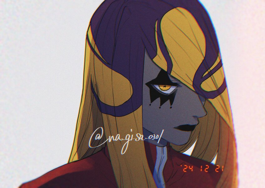 1boy, absurdres, black_lips, blonde_hair, coat, colored_skin, d.gray-man, facepaint