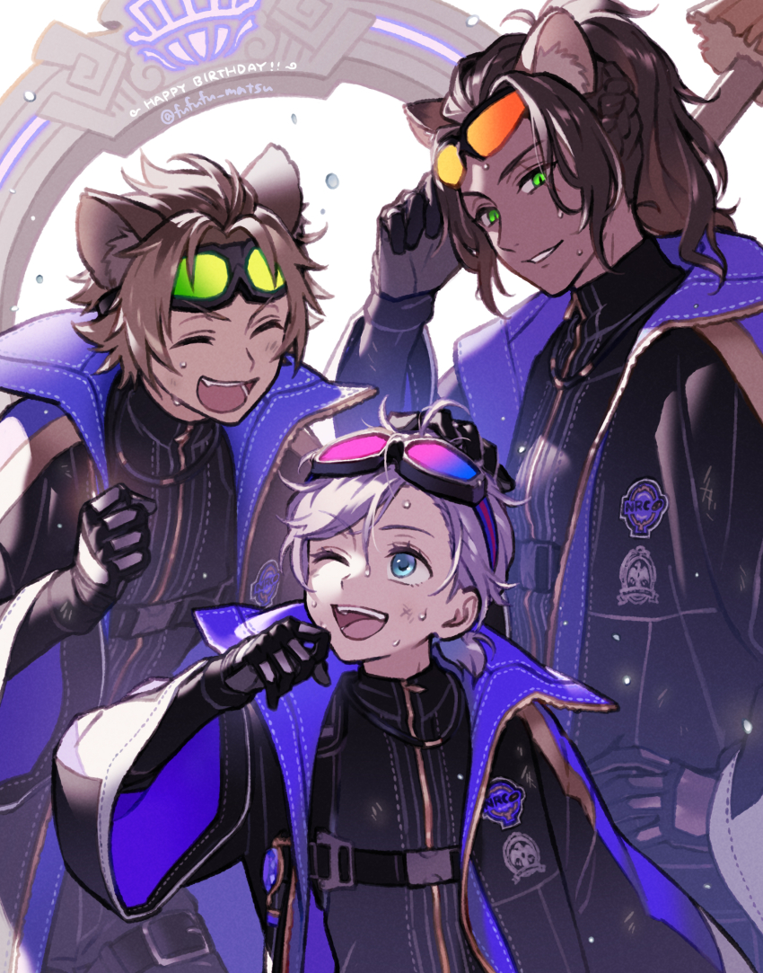 3boys, absurdres, animal_ears, black_coat, blue_eyes, brown_hair, coat, commentary_request, epel_felmier, epel_felmier_(spelldrive_uniform), eyewear_on_head, funuyu, goggles, goggles_on_head, green_eyes, highres, hyena_boy, hyena_ears, leona_kingscholar, leona_kingscholar_(spelldrive_uniform), lion_boy, lion_ears, long_hair, looking_at_another, male_focus, multiple_boys, one_eye_closed, ponytail, purple_hair, ruggie_bucchi, ruggie_bucchi_(spelldrive_uniform), short_hair, slit_pupils, sunglasses, sweat, twisted_wonderland, white_background