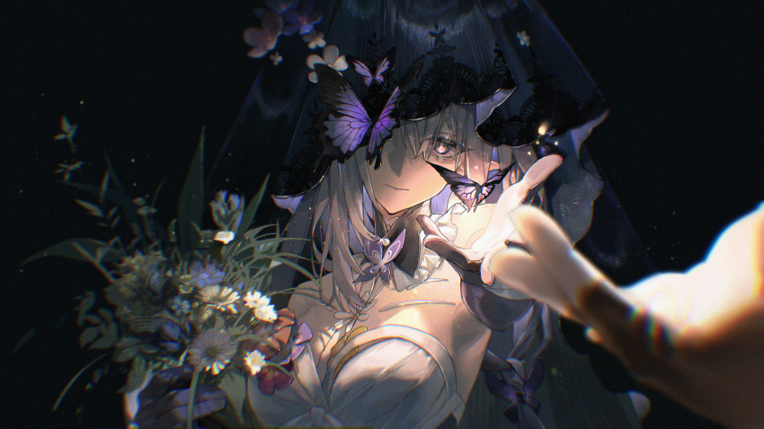 1girl, absurdres, bare_shoulders, black_background, black_veil, bouquet, breasts, bug