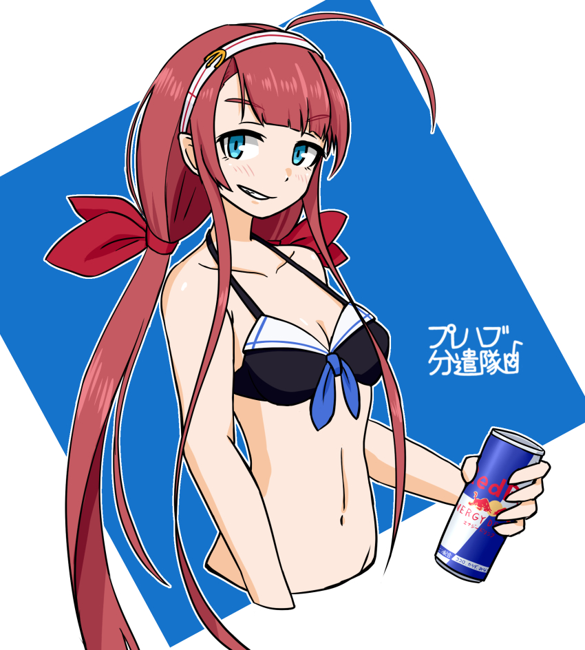 1girl, ahoge, artist_logo, bikini, bikini_top_only, black_bikini, blue_background, blue_eyes
