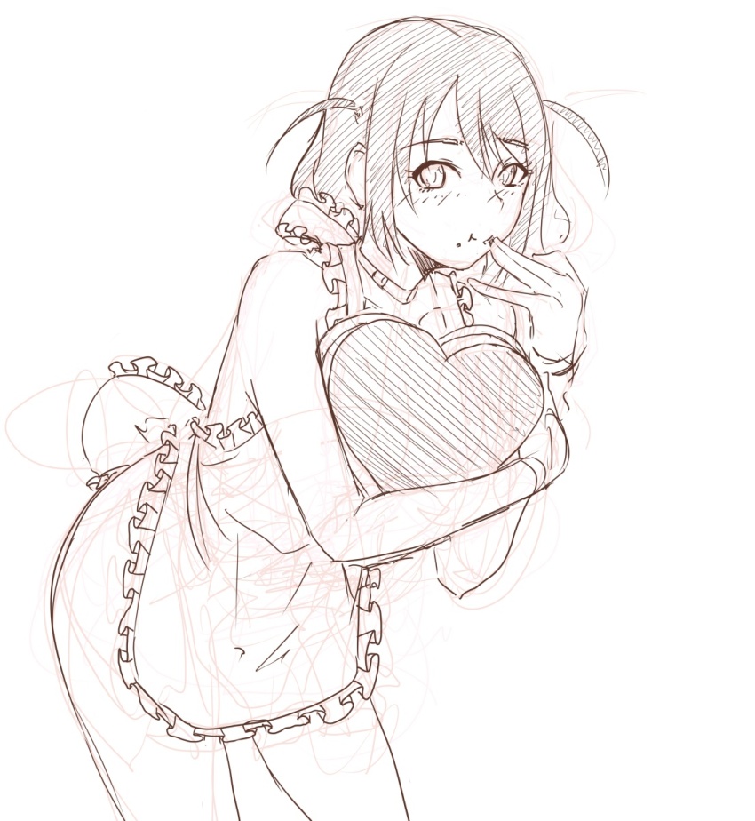 1girl, apron, binkan-chan, blush, choker, drawfag, eating, greyscale