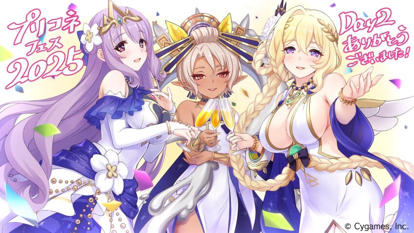 2025, 3girls, angel, angel_wings, bare_shoulders, blonde_hair, braid, breasts