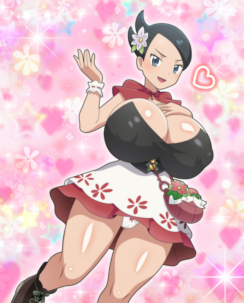 absurdres, alternate_breast_size_(larger), breasts, flower, hair_flower, hair_ornament, highres, hitokiwa_kenchin, huge_breasts, marley_(palentine's_2025)_(pokemon), marley_(pokemon), nintendo, official_alternate_costume, panties, pokemon, pokemon_masters_ex, red_hood, strap, underwear, valentine, white_flower, wrist_cuffs