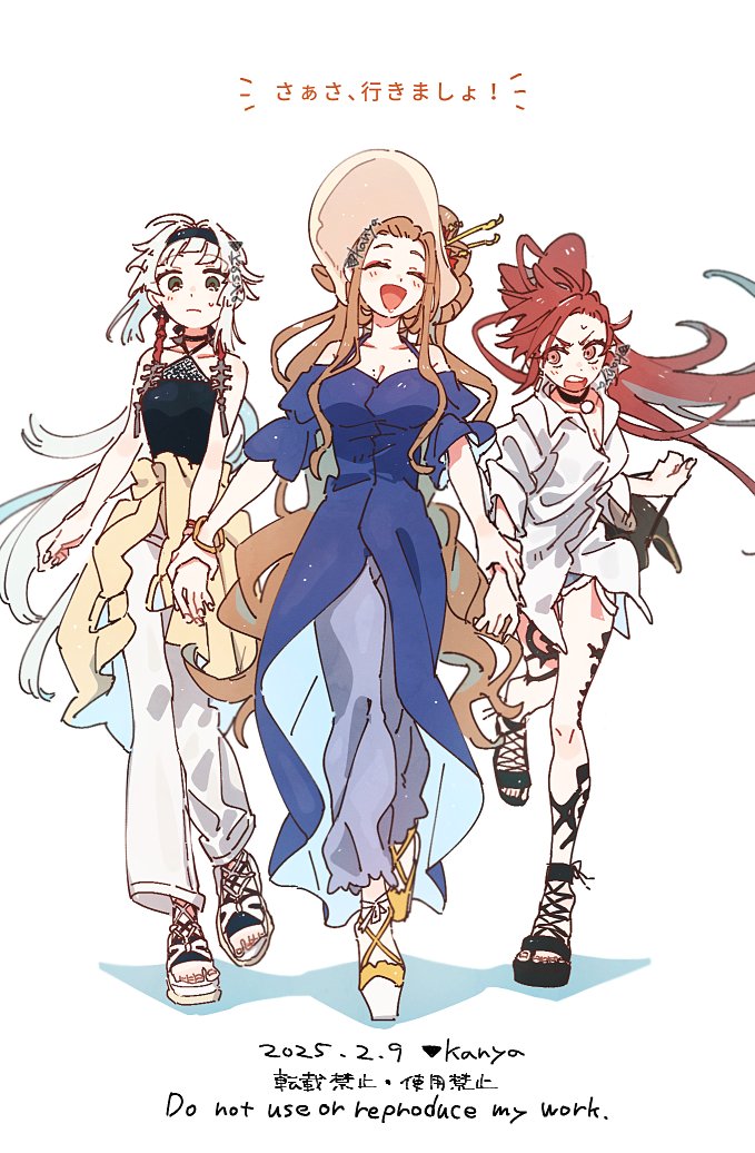 3girls, alternate_costume, alternate_hairstyle, artist_name, black_choker, black_footwear, blue_dress, breasts