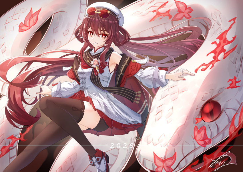 1girl, 2025, absurdres, animal, argentrt, black_thighhighs, boots, brown_hair, brown_scarf, commentary_request, detached_sleeves, eyewear_on_head, floating_hair, flower-shaped_pupils, foot_out_of_frame, genshin_impact, giant_snake, grin, hair_between_eyes, hair_rings, hand_on_animal, hat, high_heel_boots, high_heels, highres, hu_tao_(cherries_snow-laden)_(genshin_impact), hu_tao_(genshin_impact), jewelry, long_hair, looking_at_viewer, nail_polish, official_alternate_costume, oversized_animal, red-tinted_eyewear, red_nails, ring, round_eyewear, scarf, signature, smile, snake, solo, symbol-shaped_pupils, thighhighs, tinted_eyewear, twintails, very_long_hair, white_hat, white_snake, yellow-framed_eyewear