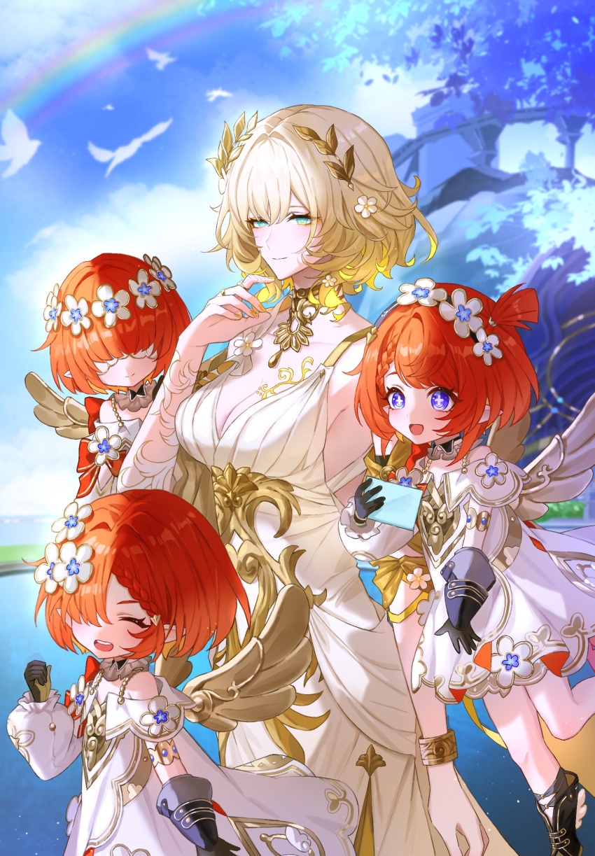 0p78xopwsj83779, 4girls, aglaea_(honkai:_star_rail), ancient_greek_clothes, black_gloves, blue_eyes, blue_sky, breasts, cleavage, cross-shaped_pupils, dress, flat_chest, gloves, greco-roman_clothes, green_eyes, hashtag-only_commentary, head_wreath, highres, holding, holding_letter, honkai:_star_rail, honkai_(series), large_breasts, laurel_crown, letter, multiple_girls, open_mouth, rainbow, red_hair, short_hair, sky, smile, symbol-shaped_pupils, teeth, trianne_(honkai:_star_rail), tribbie_(honkai:_star_rail), trinnon_(honkai:_star_rail), upper_teeth_only, white_dress