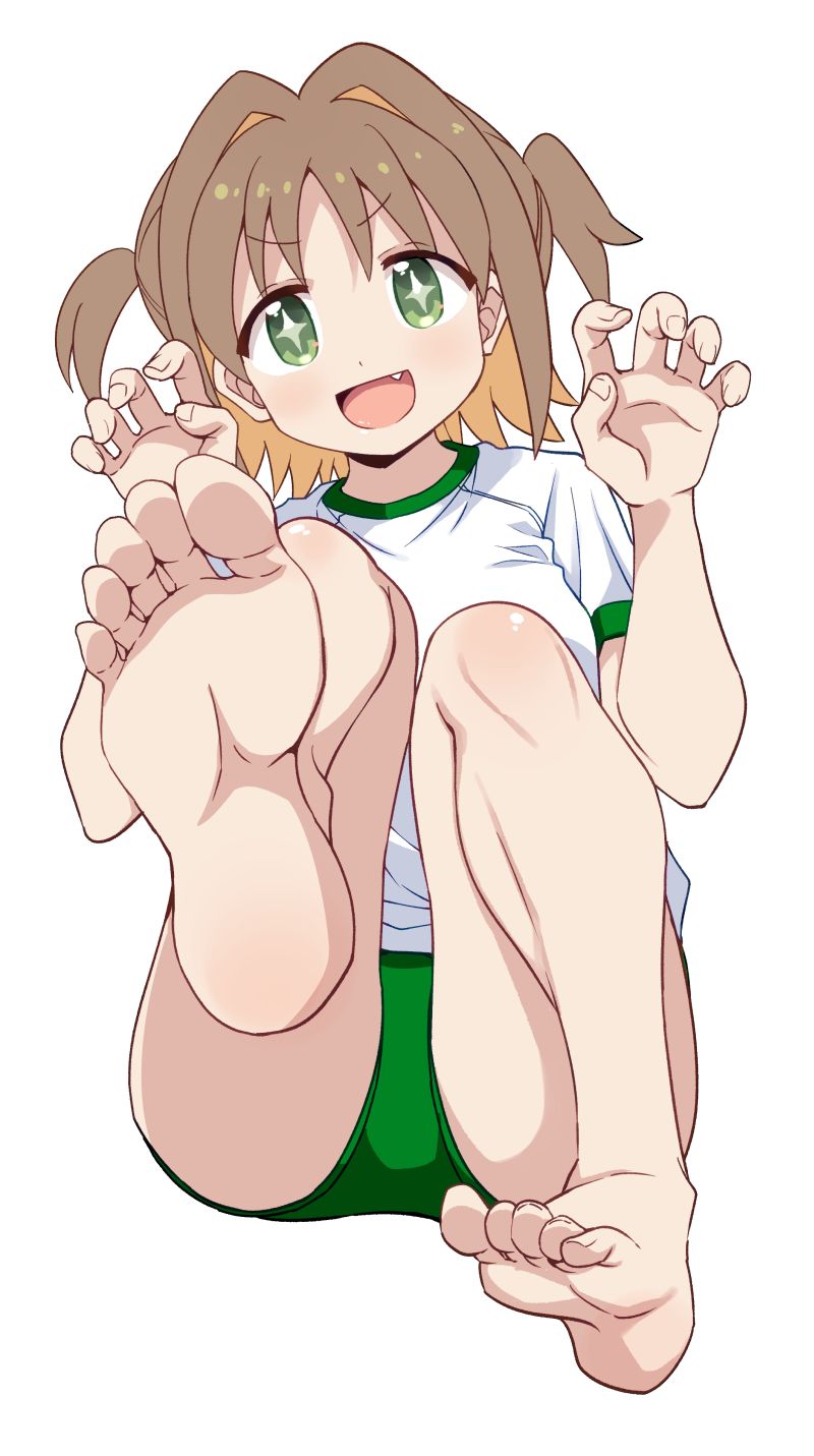 1girl, ass, barefoot, breasts, brown_hair, buruma, claw_pose, fang