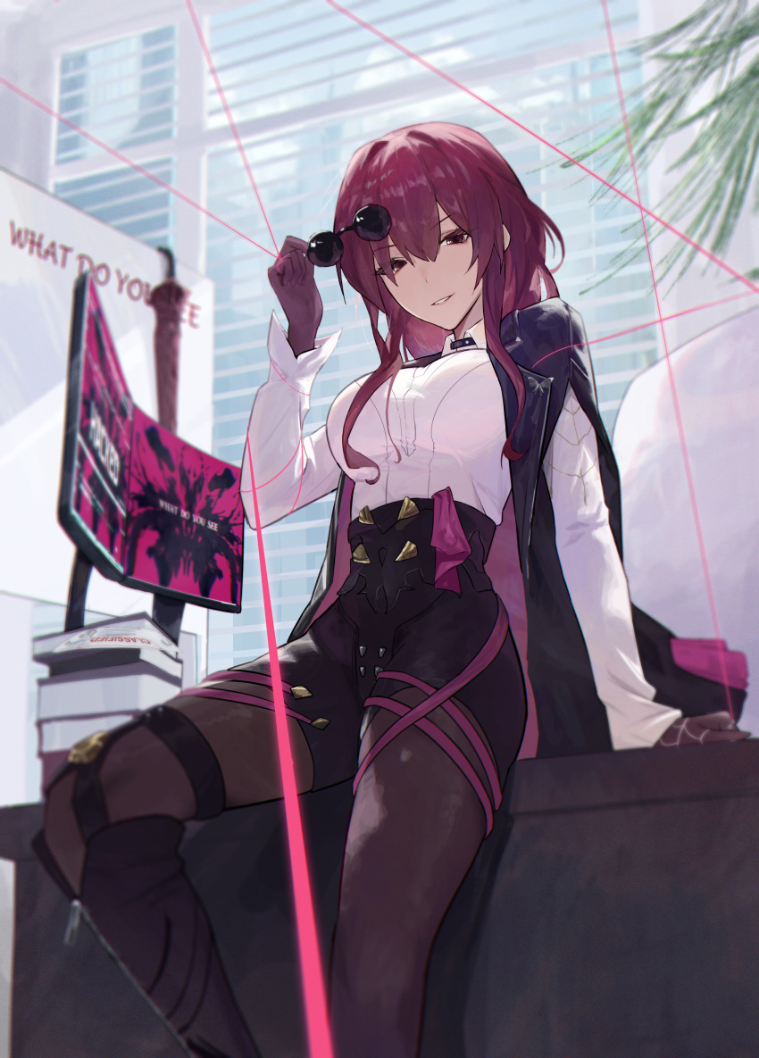 1girl, absurdres, black_shorts, book, book_stack, breasts, commentary, feet_out_of_frame