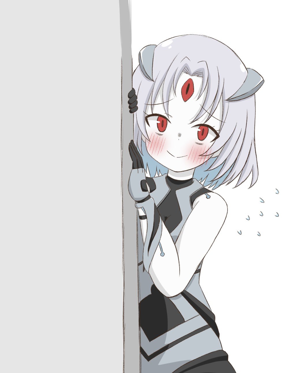 1girl, arm_up, assault_lily, bare_shoulders, black_bodysuit, black_gloves, blush, bodysuit, closed_mouth, colored_skin, commentary_request, flying_sweatdrops, gloves, grey_gloves, grey_hair, hand_up, highres, looking_at_viewer, medium_hair, multicolored_bodysuit, peeking_out, raised_eyebrows, red_eyes, rusalka_(assault_lily), simple_background, sleeveless, sleeveless_bodysuit, smile, solo, standing, third_eye, two-tone_bodysuit, two-tone_gloves, unu_(yayoinoasagohan), upper_body, white_background, white_skin