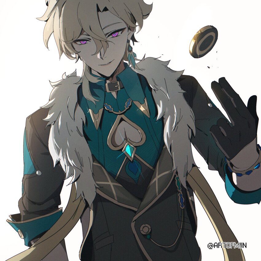 1boy, absurdres, arm_at_side, artofmiin, aventurine_(honkai:_star_rail), backlighting, black_gloves, blonde_hair