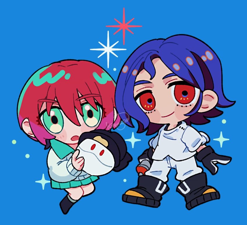 1boy, 1girl, amate_yuzuriha, aqua_eyes, blue_background, blue_hair, chibi, chibi_only