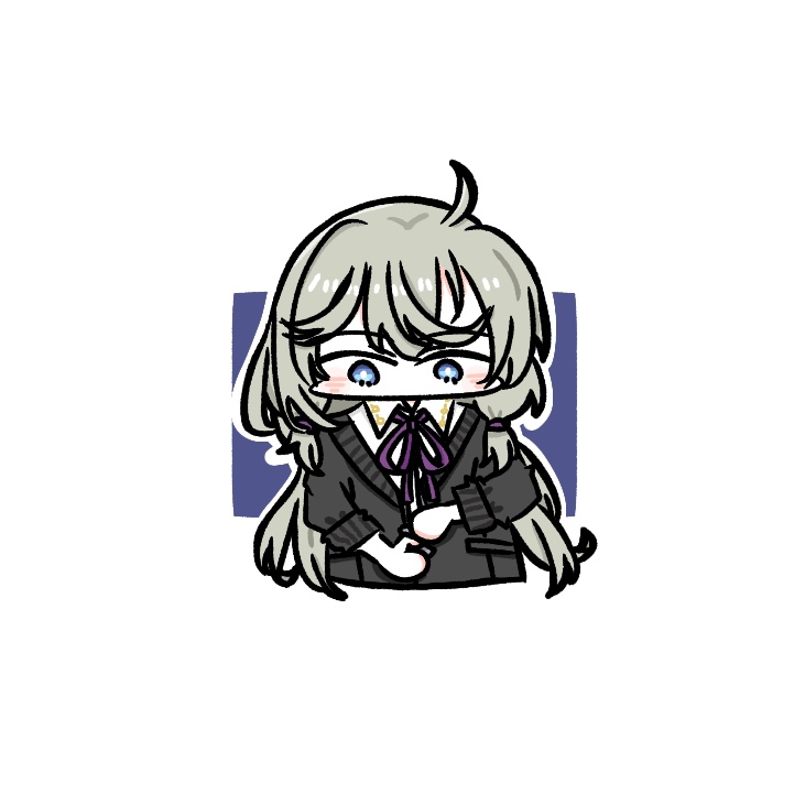 1girl, ahoge, assault_lily, black_cardigan, blue_background, blue_eyes, blush, bright_pupils, cardigan, chibi, collared_shirt, commentary, cropped_torso, dressing, grey_hair, kanabako_misora, long_hair, long_sleeves, looking_at_self, looking_down, low_twintails, mayu_(yu_e1602), neck_ribbon, no_mouth, pocket, purple_ribbon, ribbon, school_uniform, shirt, solo, twintails, two-tone_background, upper_body, white_background, white_pupils, white_shirt, yurigaoka_girls_academy_school_uniform