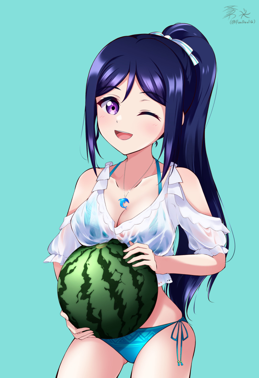 1girl, birthday, blue_hair, fundealg, highres, long_hair, looking_at_viewer, love_live!, love_live!_sunshine!!, matsuura_kanan, ponytail, purple_eyes, smile, solo