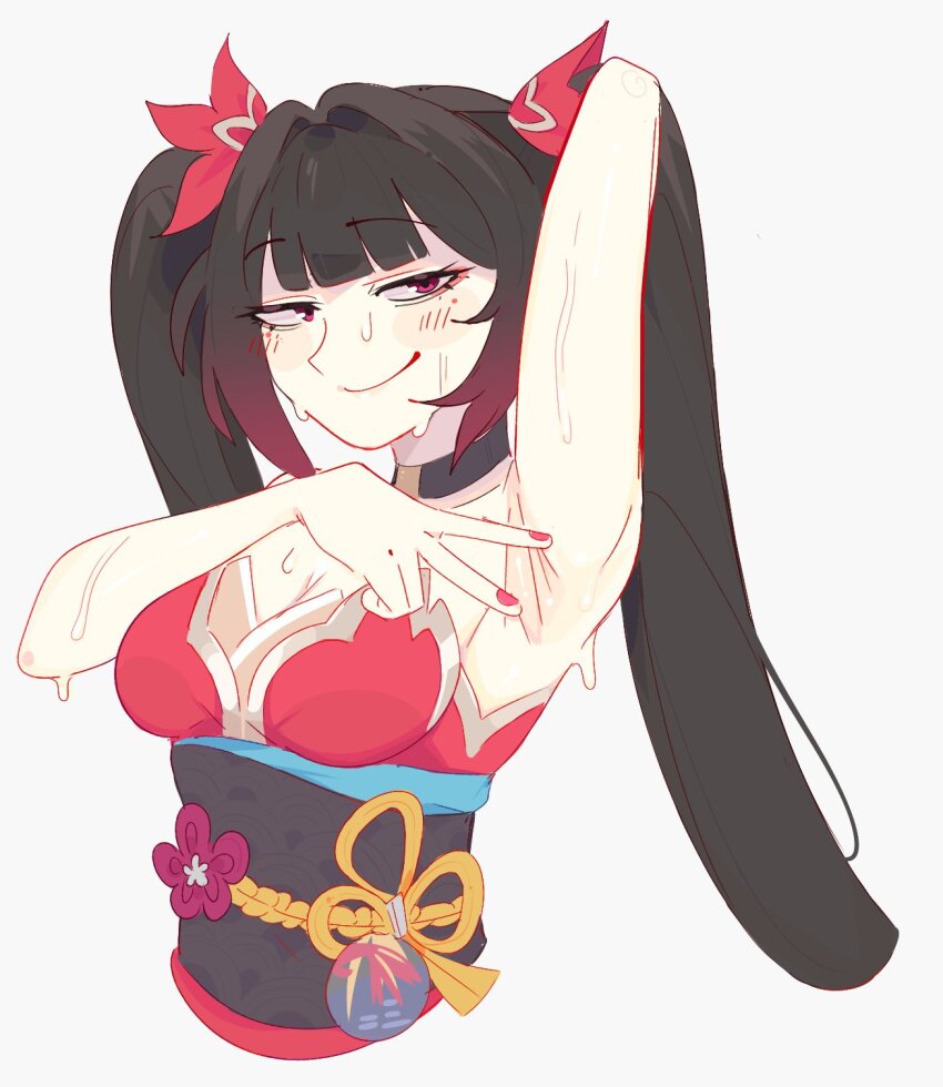 1girl, arm_up, armpits, bare_shoulders, black_choker, black_hair, black_sash, breasts