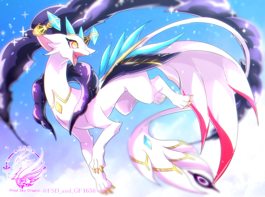animal_focus, claws, cloud, commentary_request, dragon, dragon_village_(series), dragon_village_collection, eyelashes, full_body, gem, gurifon, horns, nakir_(dragon_village), no_humans, open_mouth, outdoors, sky, smile, solo, tail, watermark, yellow_eyes