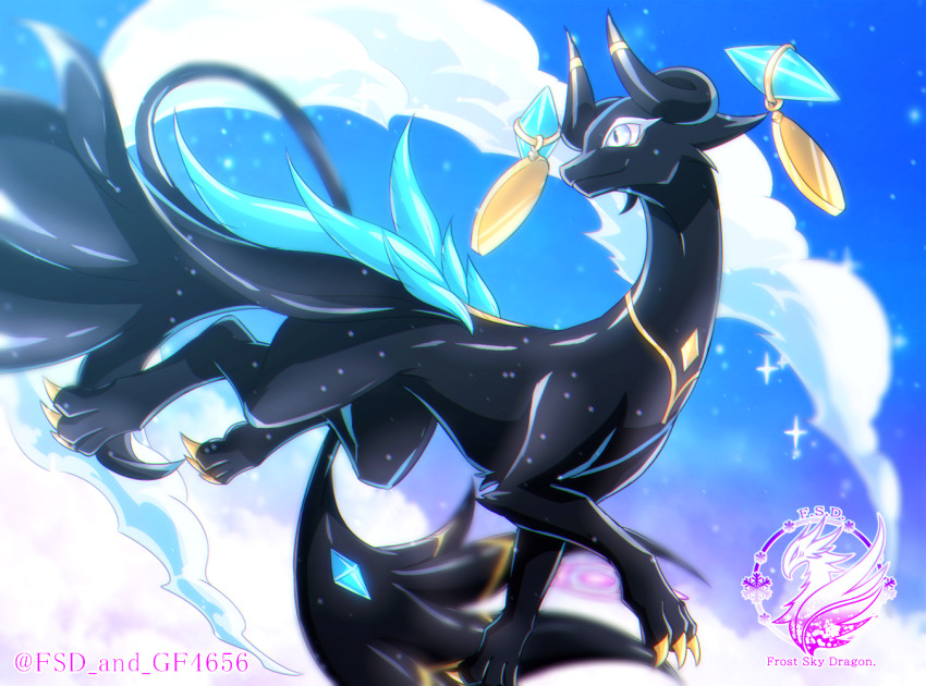 animal_focus, claws, cloud, colored_eyelashes, commentary_request, dragon, dragon_village_(series), dragon_village_collection, eyelashes, gem, gurifon, horns, munkar_(dragon_village), no_humans, outdoors, sky, smile, solo, sparkle, tail, watermark, white_eyes