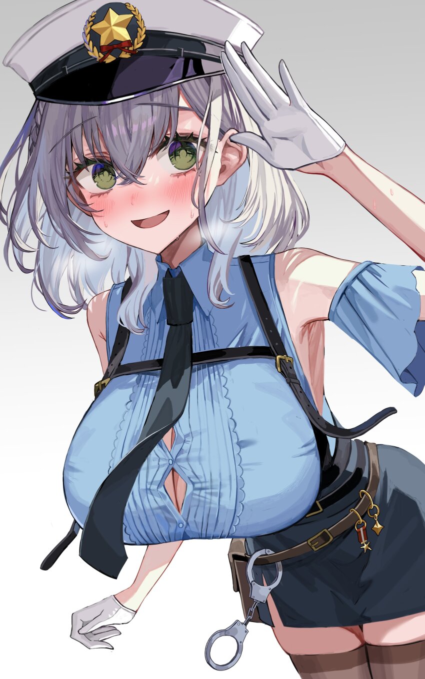 1girl, absurdres, armpits, blush, breasts, breath, button_gap, check_commentary