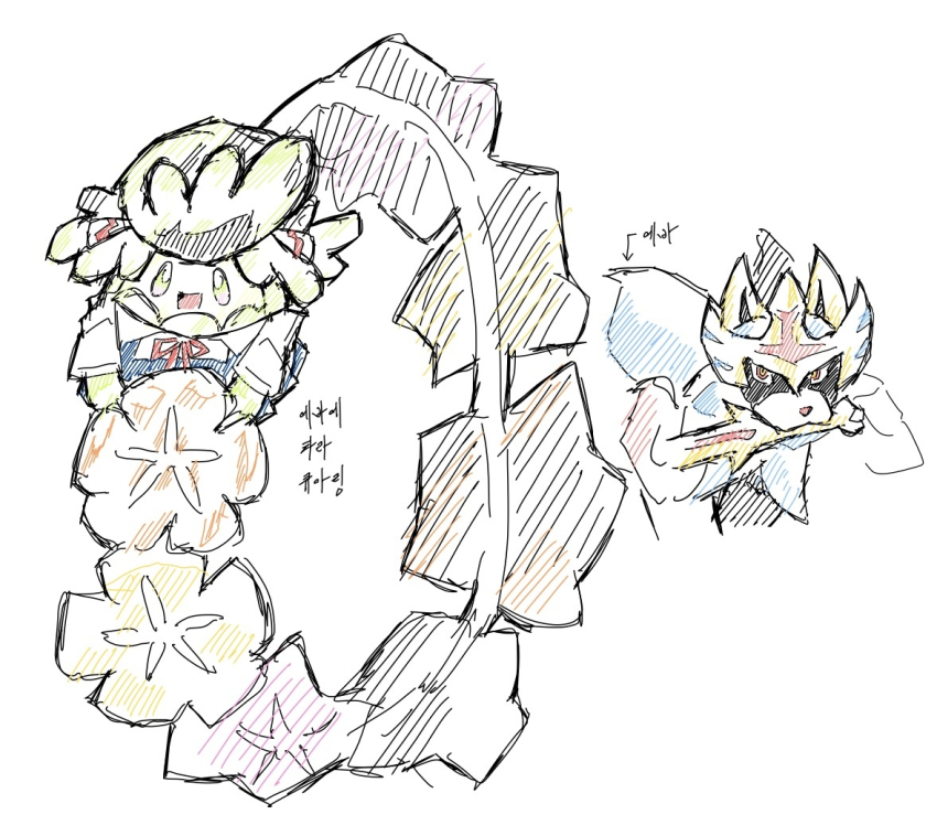 animal_focus, clothed_pokemon, comfey, commentary_request, cosplay, flower, gen_7_pokemon, gen_8_pokemon, korean_commentary, korean_text, legendary_pokemon, mouth_hold, neon_genesis_evangelion, nintendo, no_humans, o_o_(pixiv_91006494), pokemon, pokemon_(creature), school_uniform, simple_background, sketch, souryuu_asuka_langley, souryuu_asuka_langley_(cosplay), sword, tokyo-3_middle_school_uniform, translation_request, weapon, white_background, zacian, zacian_(crowned)