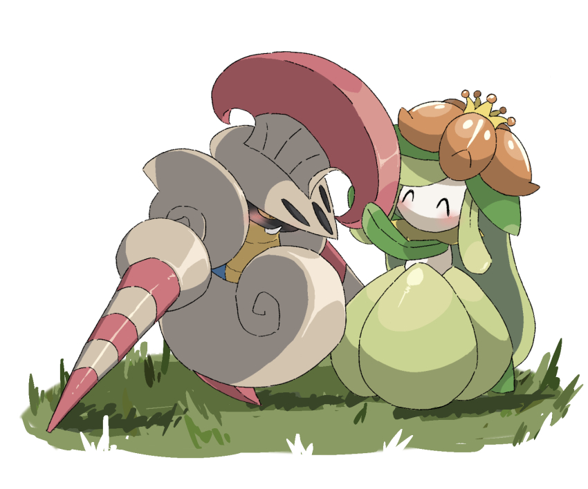 1boy, 1girl, ^_^, armor, arthropod_boy, blush, closed_eyes, commentary_request, couple, escavalier, flower, furry, furry_male, furry_with_non-furry, gen_5_pokemon, grass, helmet, hetero, highres, interspecies, knight, korean_commentary, lilligant, monster_girl, nintendo, o_o_(pixiv_91006494), plant_girl, pokemon, pokemon_(creature), simple_background, white_background, yellow_eyes