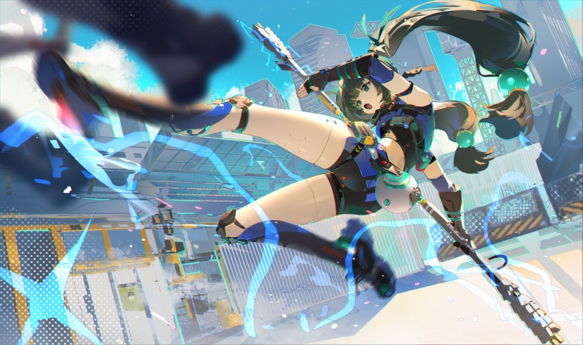 1girl, absurdres, android, ass, black_gloves, fingerless_gloves, gloves, green_eyes