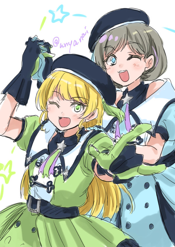 2girls, ;d, bare_shoulders, beret, black_gloves, black_hat, black_shirt, blonde_hair