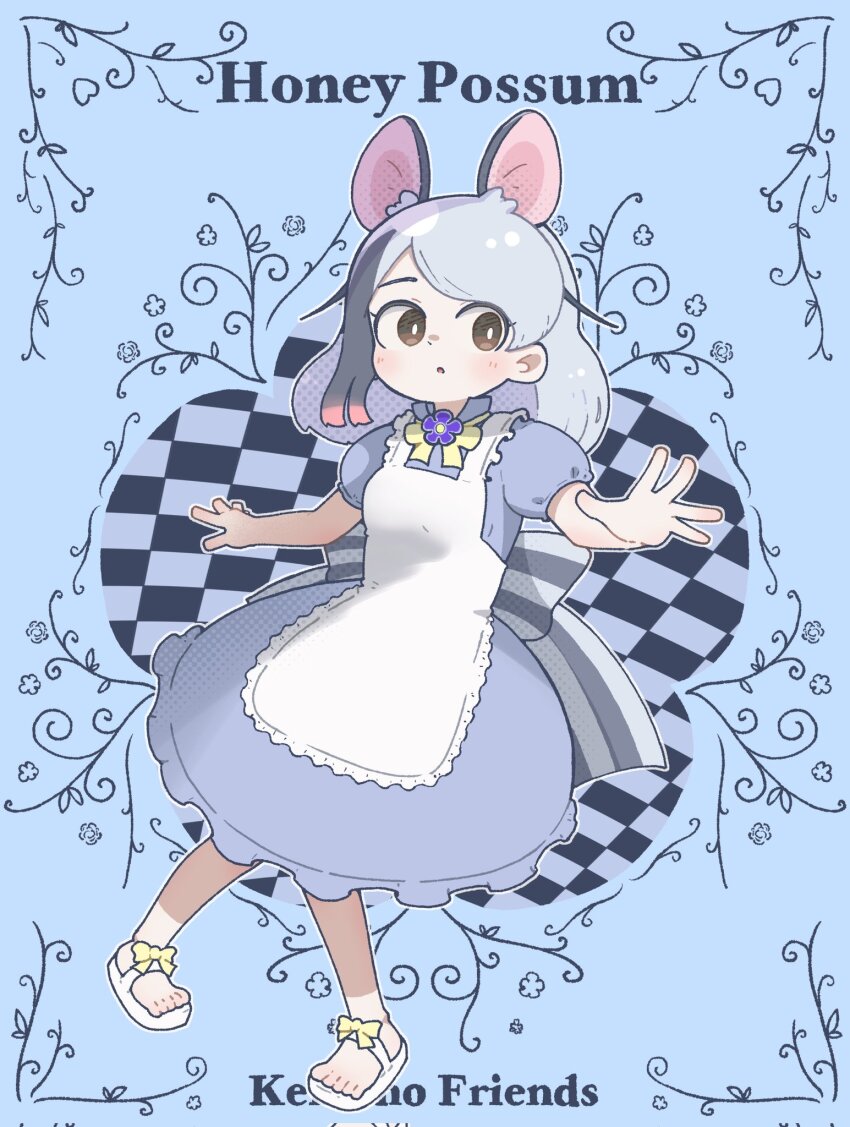 1girl, apron, back_bow, bow, bowtie, brown_eyes, collared_dress, dress, extra_ears, footwear_bow, frilled_apron, frilled_dress, frills, grey_bow, grey_dress, grey_hair, highres, honey_possum_(kemono_friends), kemono_friends, multicolored_hair, possum_ears, possum_girl, puffy_short_sleeves, puffy_sleeves, sandals, short_sleeves, sidelocks, solo, sorairo_meronpan, white_apron, white_sandals, yellow_bow, yellow_bowtie