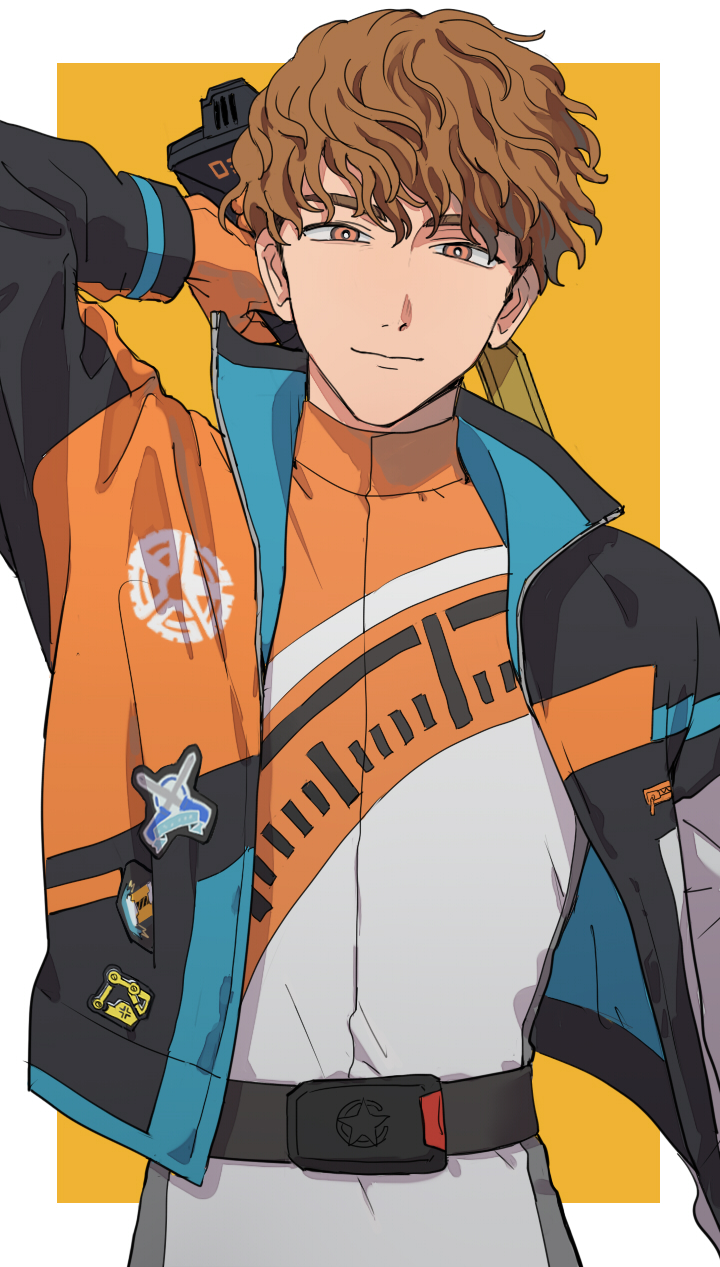 1boy, azkn, bakuage_sentai_boonboomger, boonboom_change_axe, border, brown_eyes, brown_hair, bun_orange, bureki_genba, champion_bun_orange, cowboy_shot, highres, jacket, male_focus, orange_background, orange_jacket, short_hair, simple_background, solo, super_sentai, white_border