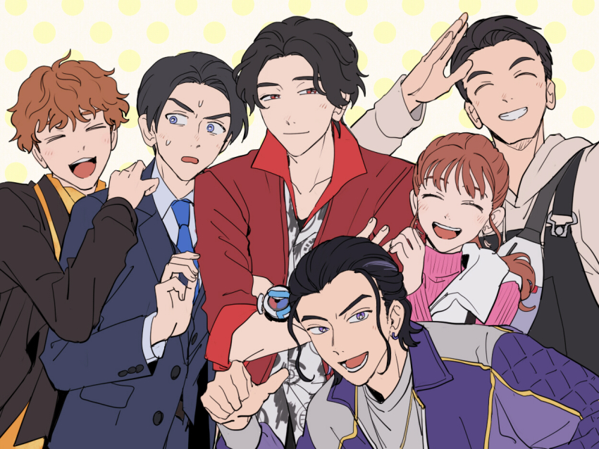 1girl, 5boys, akuse_jou, azkn, bakuage_sentai_boonboomger, black_hair, blue_jacket, boonboom_changer