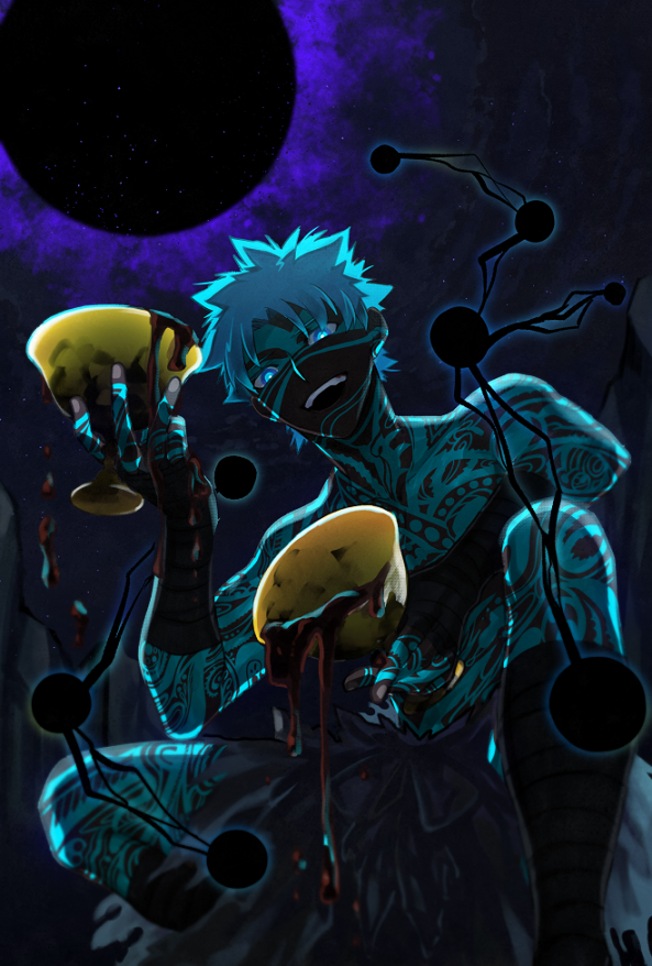 1boy, angra_mainyu_(fate), angra_mainyu_(third_ascension)_(fate), blue_eyes, blue_hair, chalice, commentary_request, cup