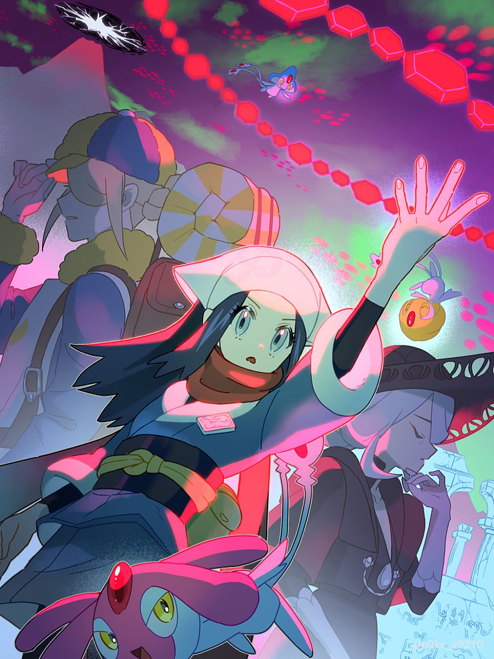 1boy, 2girls, adjusting_clothes, adjusting_headwear, akari_(pokemon), azelf, backpack, bag, black_dress, black_hat, blonde_hair, blue_eyes, blue_hair, cogita_(pokemon), dress, gen_4_pokemon, grey_hair, hat, headscarf, highres, legendary_pokemon, long_hair, mesprit, multiple_girls, nintendo, p0ke_a0210, pokemon, pokemon_(creature), pokemon_legends:_arceus, red_chain_(pokemon), uxie, volo_(pokemon), white_headscarf