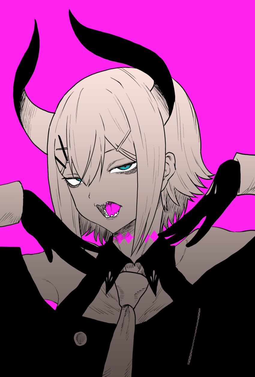 1girl, absurdres, agusuke, gloves, green_eyes, greyscale_with_colored_background, hair_ornament, hairclip, highres, horns, levi_elipha, looking_at_viewer, necktie, nijisanji, open_mouth, red_background, sharp_teeth, solo, spot_color, teeth, virtual_youtuber, x_hair_ornament