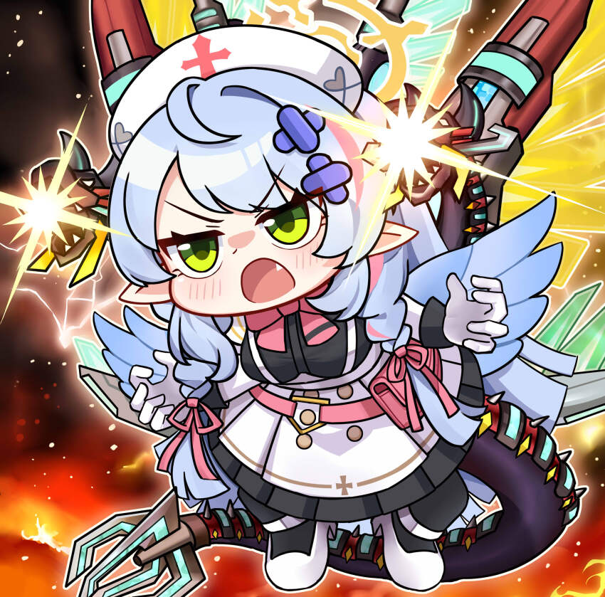 1girl, absurdres, angel_wings, angry, blue_archive, blue_hair, borrelend_dragon, chibi