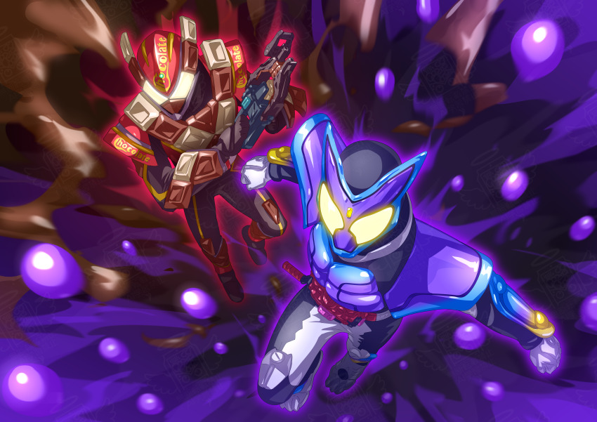 2boys, absurdres, armor, black_bodysuit, bodysuit, brown_armor, chocodon_(white_chocolate), chocolate