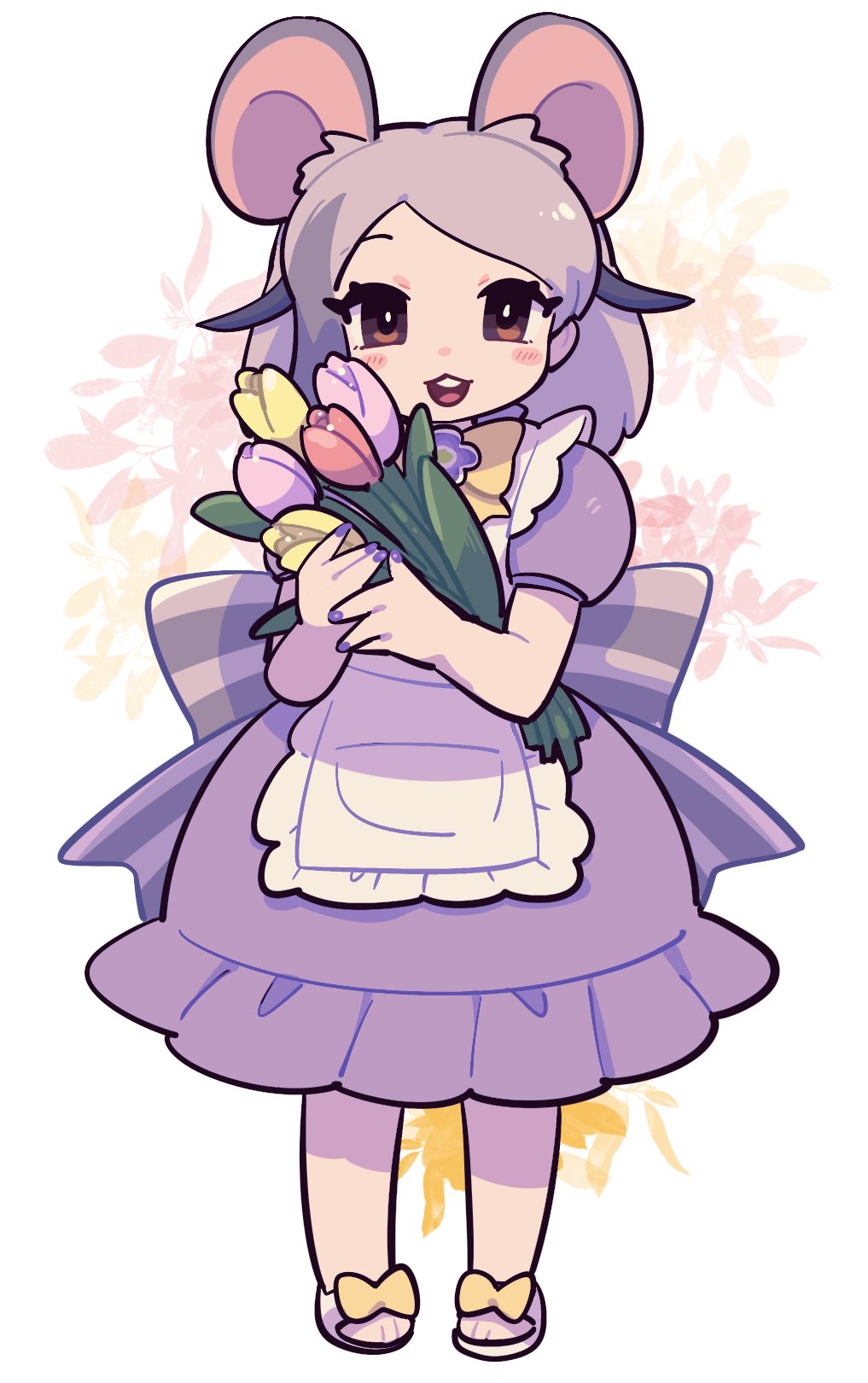 1girl, :3, an-chan_(ananna0315), apron, back_bow, blush, bouquet, bow