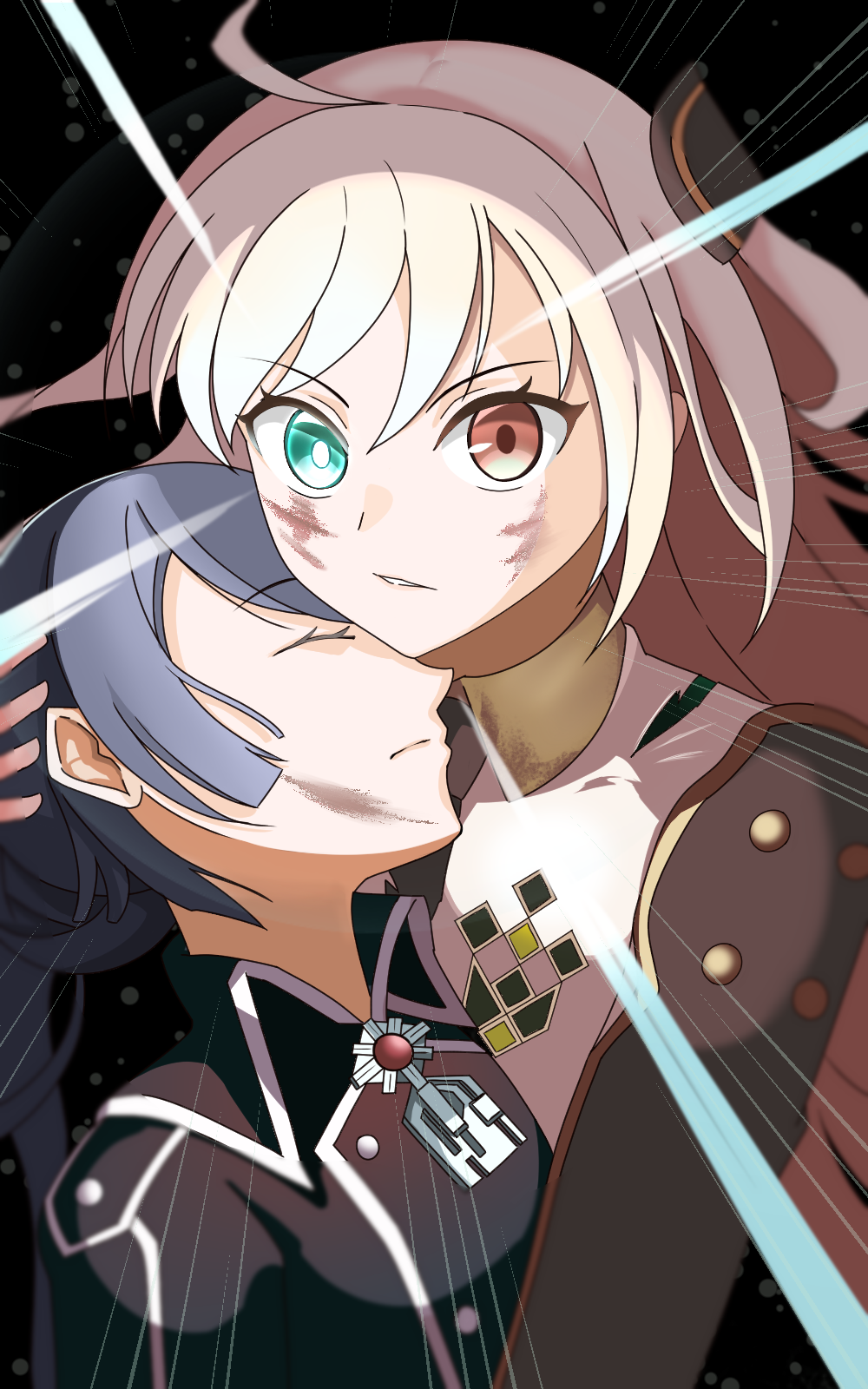 2girls, blonde_hair, carrying, carrying_person, closed_eyes, collared_dress, dress, duel_monster