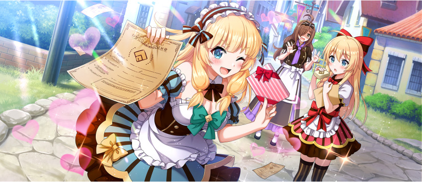 3girls, ;d, ahoge, apron, armpit_crease, blonde_hair, blue_eyes, blue_skirt