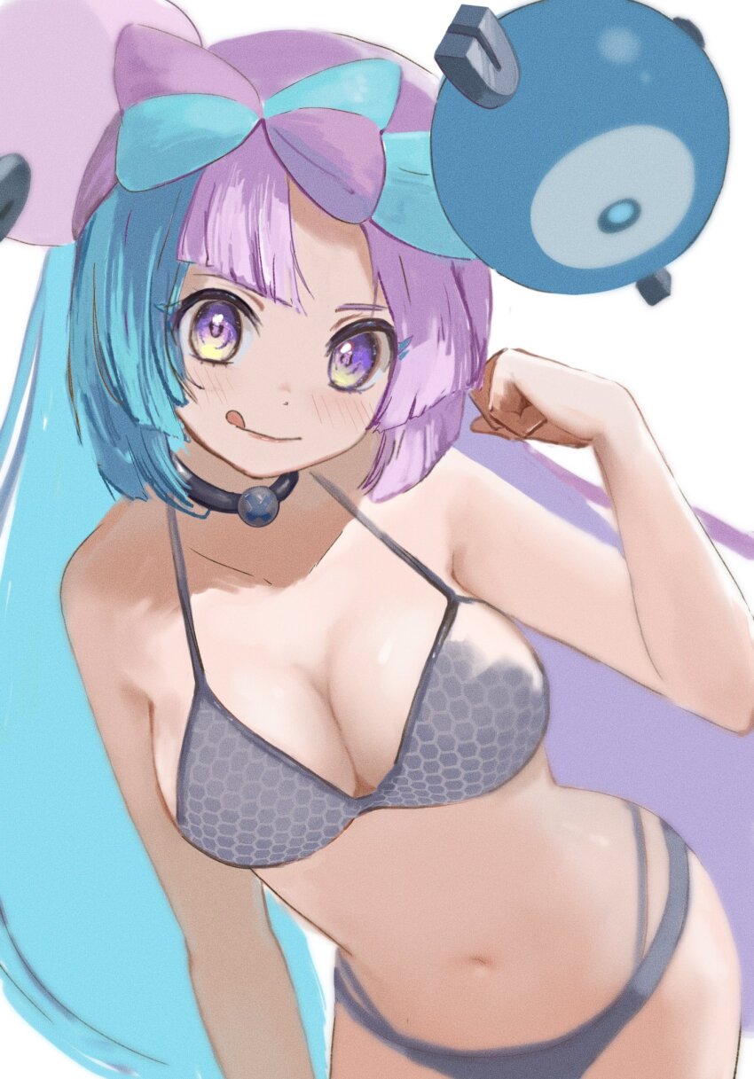 1girl, bikini, blue_hair, blush, bow-shaped_hair, breasts, character_hair_ornament, cleavage, collarbone, grey_bikini, hair_ornament, hand_up, hexagon_print, highres, iono_(pokemon), long_hair, low-tied_long_hair, medium_breasts, multicolored_hair, navel, nintendo, pink_hair, pokemon, pokemon_scarlet_and_violet, ringosan2329, smile, solo, split-color_hair, swimsuit, tongue, tongue_out, x_(symbol)